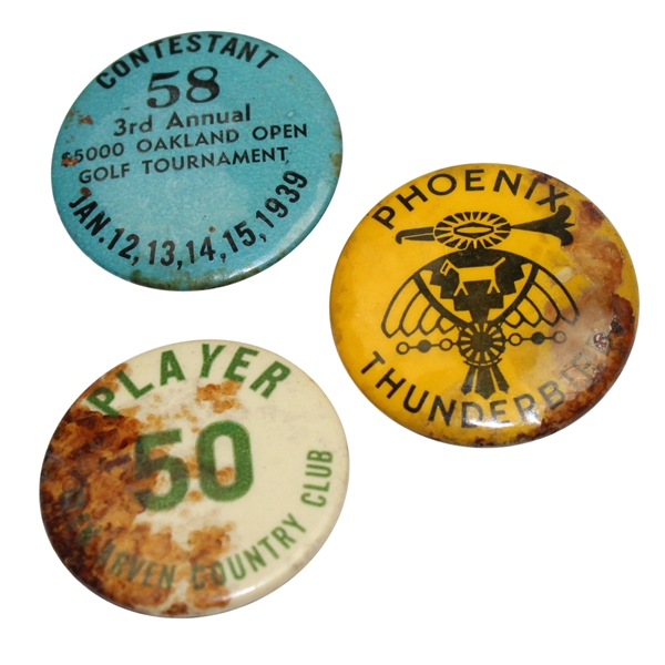 Lot of 3 Badges - 1939 Oakland Open Contestant, Glen Arven CC Player, & Phoenix Thunderbird