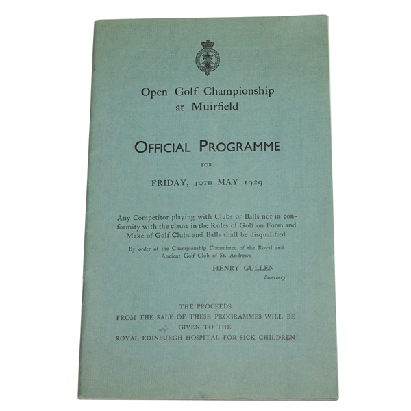 1929 The Open Championship at Muirfield Program - Walter Hagen Winner - Last Major Title