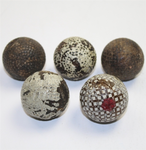1890's Golf Box with Two Bramble Balls & Three Gutty Balls