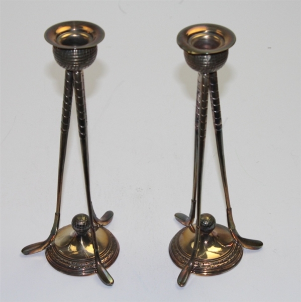 Two 10 Silver Plated Candlestick Holders With Tripod Of Golf Clubs And Golf Ball Base