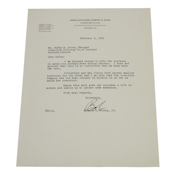 Bob Jones Signed Letter to Coca-Cola Bottling Co. February 6, 1951 JSA ALOA