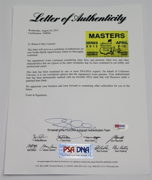 Jordan Spieth Signed 2015 Masters Badge Sign - Full Signature PSA Y08940
