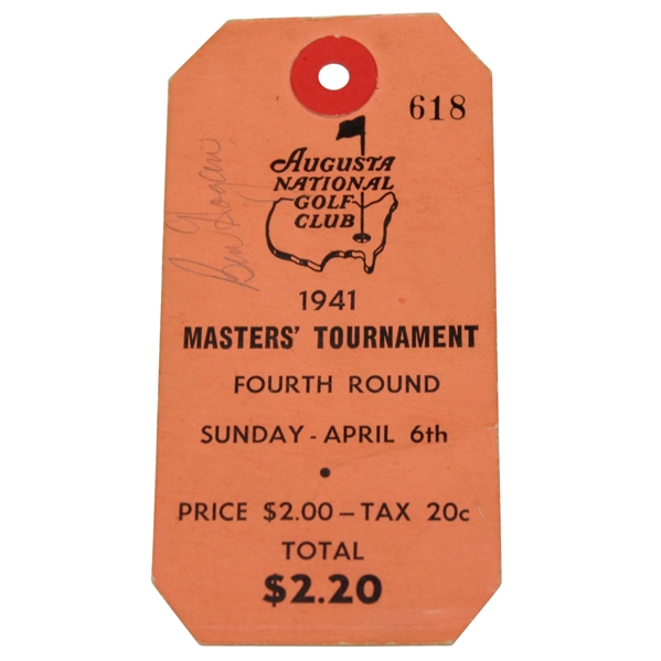 1941 Masters Sunday Ticket Signed by Champ Craig Wood, Hogan, Demaret, Byrd, & Nelson JSA ALOA