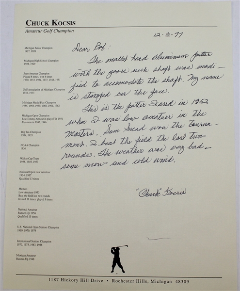 Chuck Kocsis' 1952 Masters Tournament Low Amateur Used Putter with Letter JSA ALOA