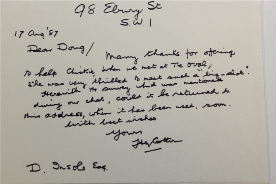 Henry Cotton Hand Written, Dated, and Signed Letter JSA ALOA