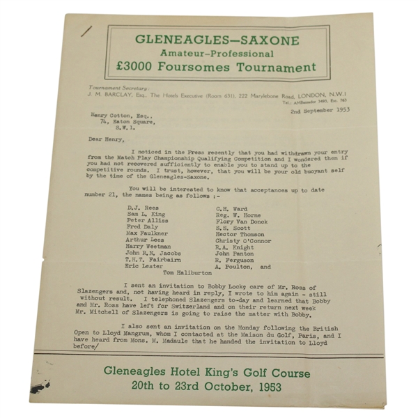 1953 Invitation Letter to Henry Cotton - Play in First Gleneagles-Saxone Amateur Tournament