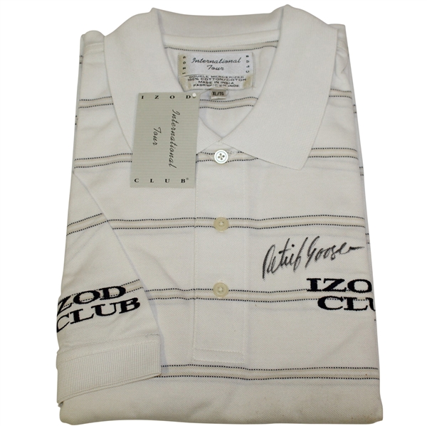 Retief Goosen Signed Unused Izod XL White with Stripes Golf Shirt JSA ALOA