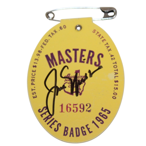 Jack Nicklaus Signed 1965 Masters Tournament Badge #16592 JSA ALOA