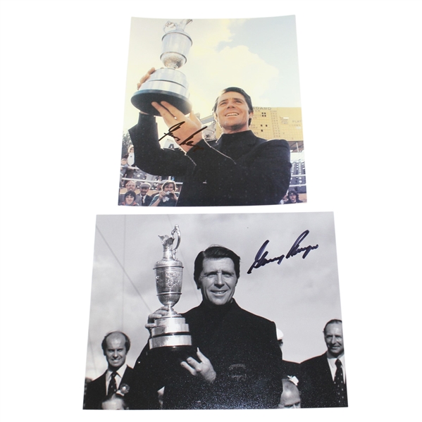 Lot of Two Gary Player Signed Photos Holding the Claret Jug - Color & B&W JSA ALOA