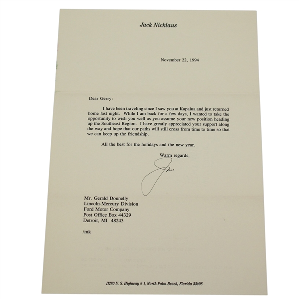 Jack Nicklaus Signed November 22, 1994 Letter on Personal Letterhead JSA ALOA