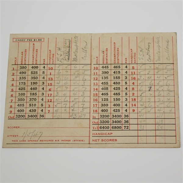 Vintage Used 1947 Augusta National Golf Club Scorecard