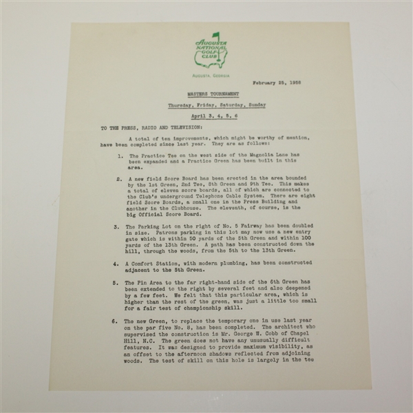 1958 Masters Tournament Press Information Pages from February 25 - Palmer 1st Win