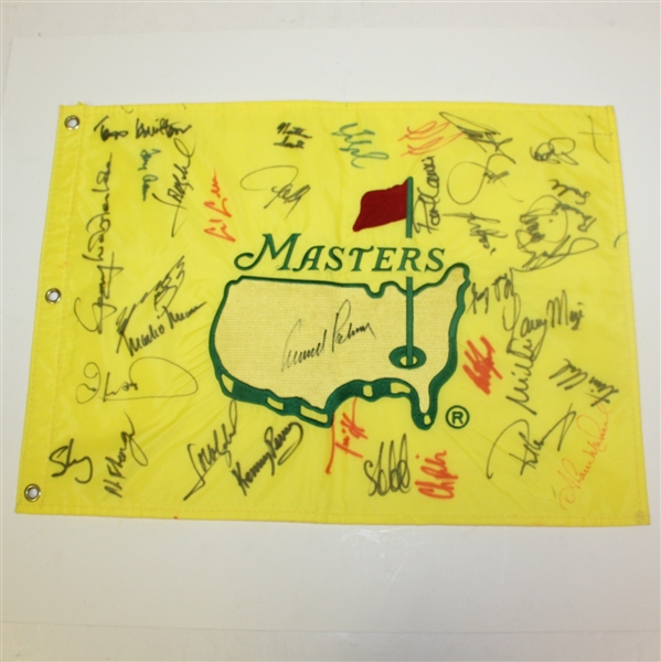 1997 Masters Embroidered Flag with Palmer Signed Center with Other Champs and Stars JSA ALOA