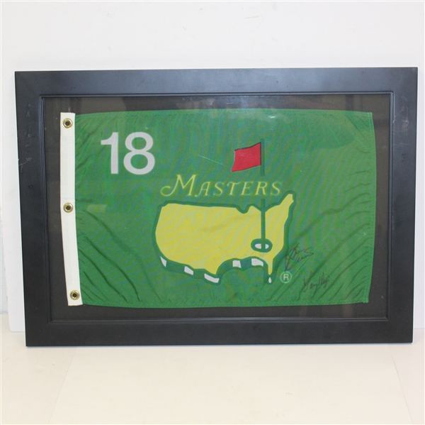 Classic Green Masters Flag Signed by Larry Mize, Nick Faldo, and Ben Crenshaw - Framed - JSA ALOA