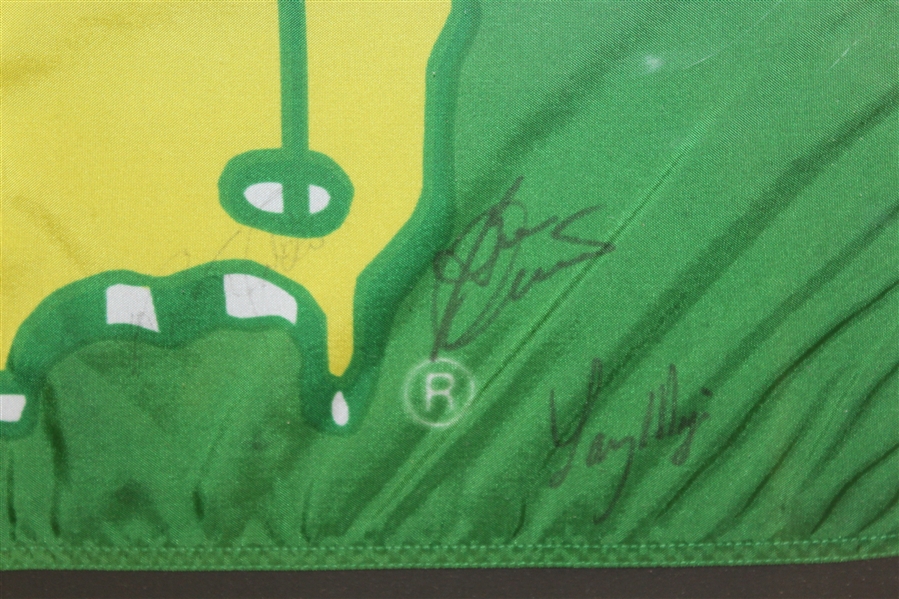 Classic Green Masters Flag Signed by Larry Mize, Nick Faldo, and Ben Crenshaw - Framed - JSA ALOA