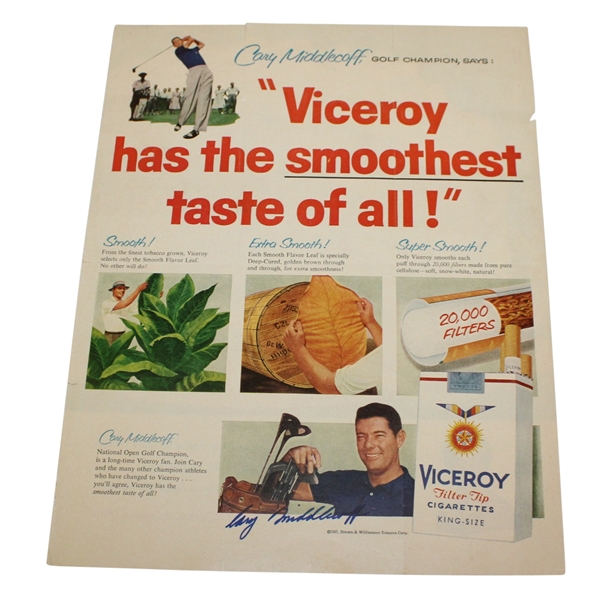 Cary Middlecoff Signed 1957 Viceroy Cigarette Advertisement JSA ALOA