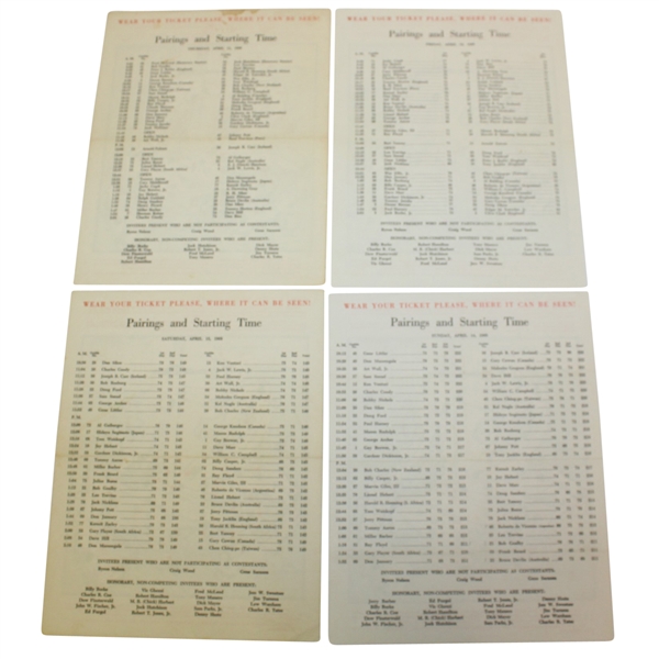 1968 Masters Tournament Thursday, Friday, Saturday, & Sunday Pairing Sheets
