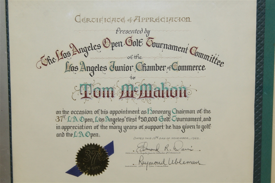 1962 Los Angeles Open Golf Tournament Certificate of Appreciation to Tom McMahon - Framed - McMahon Collection