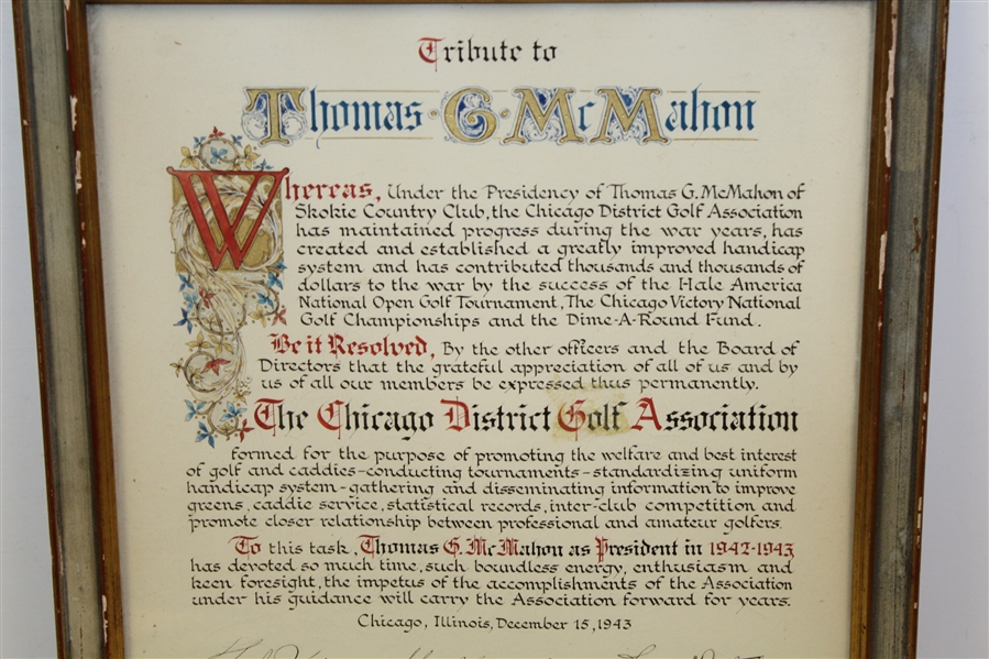 1943 Chicago District Golf Association Tribute Award to Thomas G. McMahon - Framed - McMahon Collection