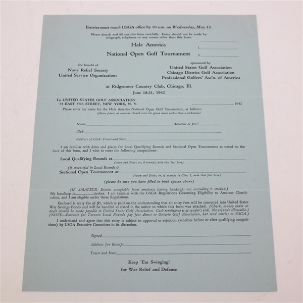 1942 Hale America National Open Golf Tournament Player Application Pamphlet - McMahon Collection