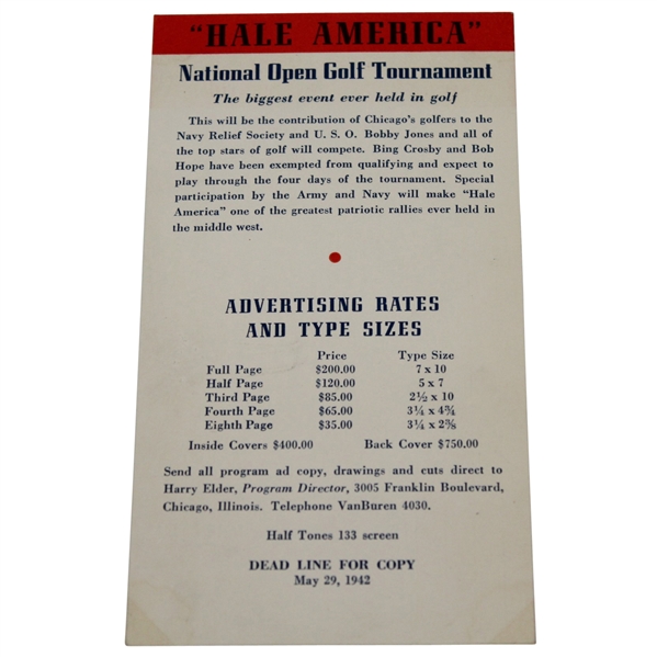 1942 Hale America National Open Golf Tournament Advertising Contract for Program Card - McMahon Collection