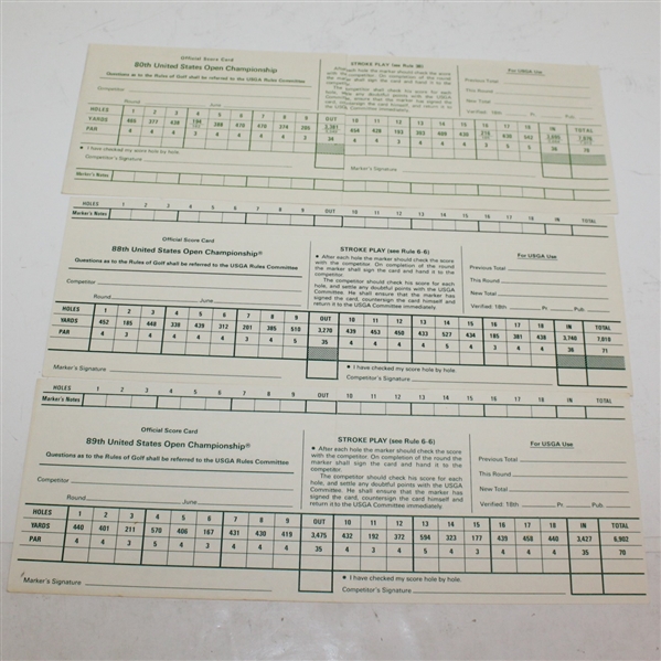 Thirteen Official US Open Scorecards - 1980, 1988-1999