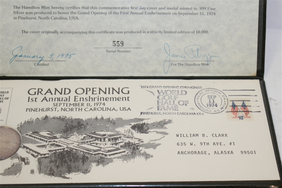 World Golf Hall of Fame Silver Medal and First Day Cover Display