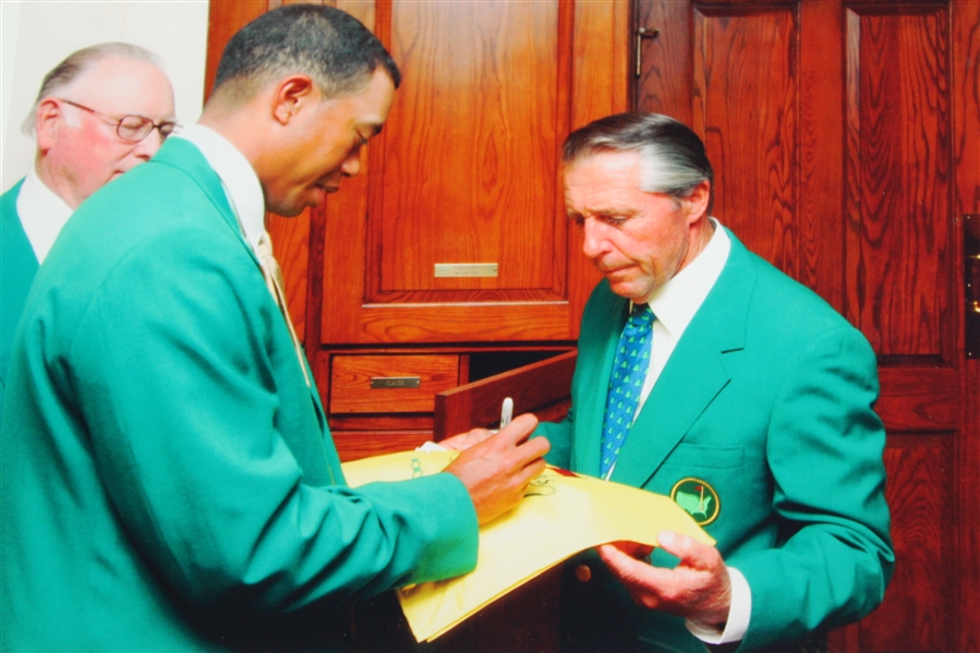 Tiger Woods Signing Masters Flag for Gary Player - Unique Photo