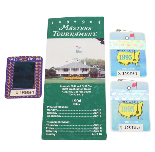 1994 Masters Badge & Pamphlet with Two 1995 Masters Badges 