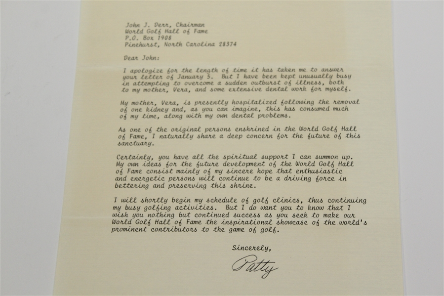 Patty Berg Letter to John Derr about Future Hall of Fame Location JSA ALOA