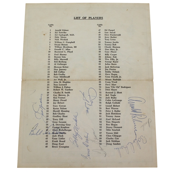 Palmer, Nicklaus, Lema, and Others Signed 1965 Masters Par 3 Pairing Sheet JSA ALOA