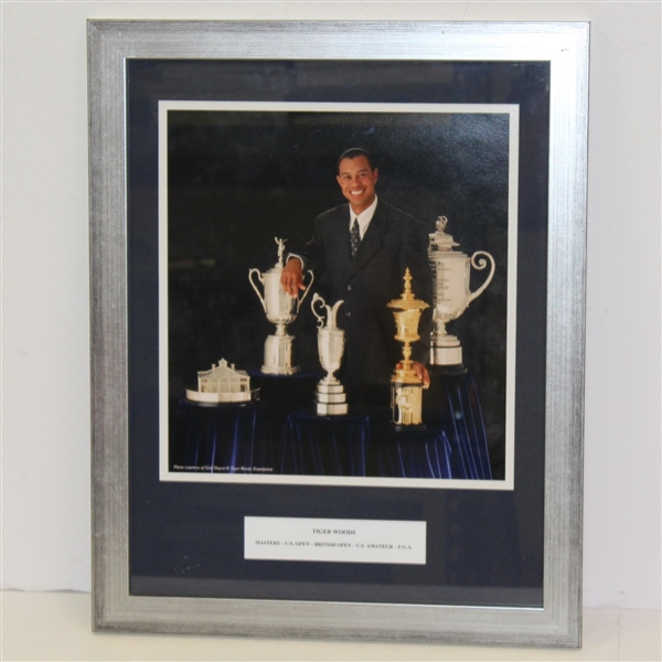 Tiger Woods Framed Giclee with Grand Slam Trophies & Amateur Trophy - Framed