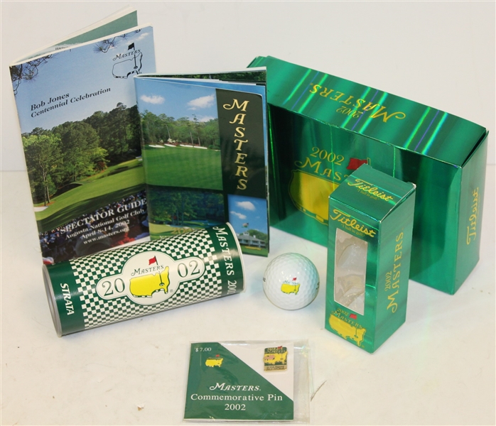 2002 Masters Items: Pin, Spectator Guide, Yardage Guide, Golf Ball, Dozen Box, Empty Sleeve