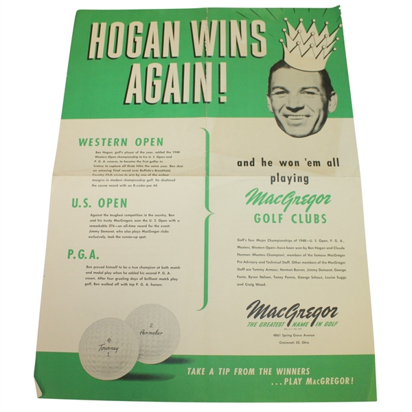 'Hogan Wins Again!' Playing with MacGregor Clubs Original Advertising Poster From Ben Hogan Personally