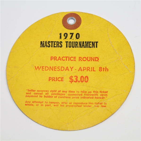 1970 Masters Tournament Wednesday Par 3 Day Ticket #5400