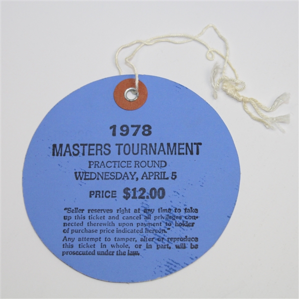 1978 Masters Tournament Wednesday Par 3 Day Ticket #02690