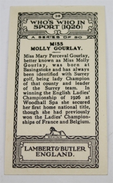 1926 Miss Molly Gourlay Lambert & Butler Rookie Golf Card #38 - England