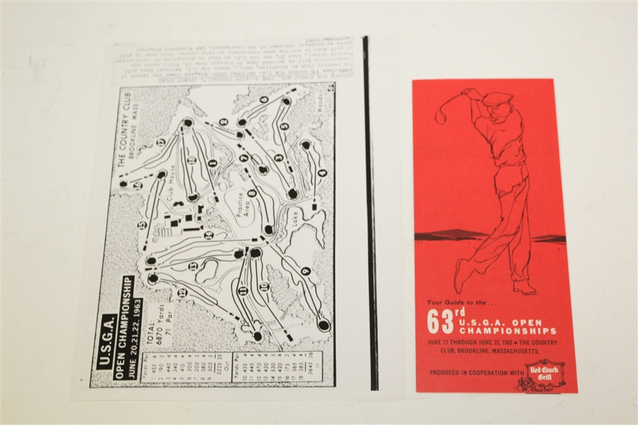 1963 US Open Ticket, Official Scorecard, Photo of Course Layout, Pairings Sheets, USGA Guide, etc