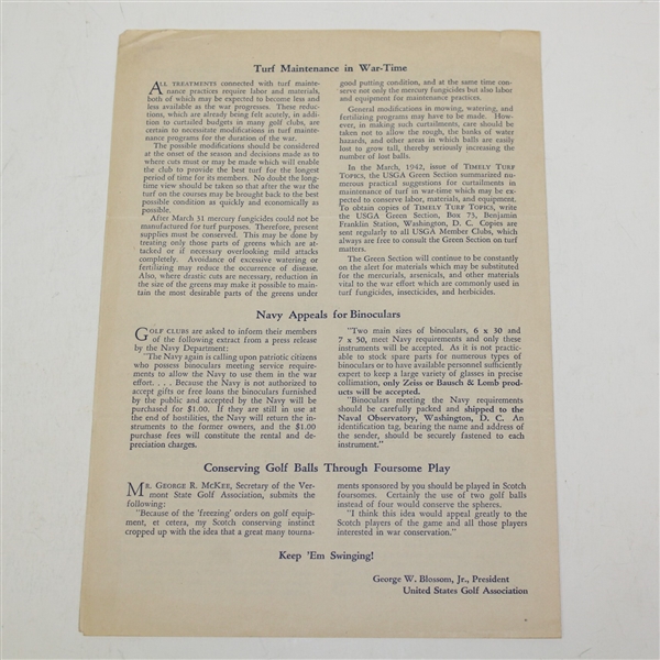 1942 USGA 'Keep 'Em Swinging! War Relief & Defense Support Letter - Seldom seen