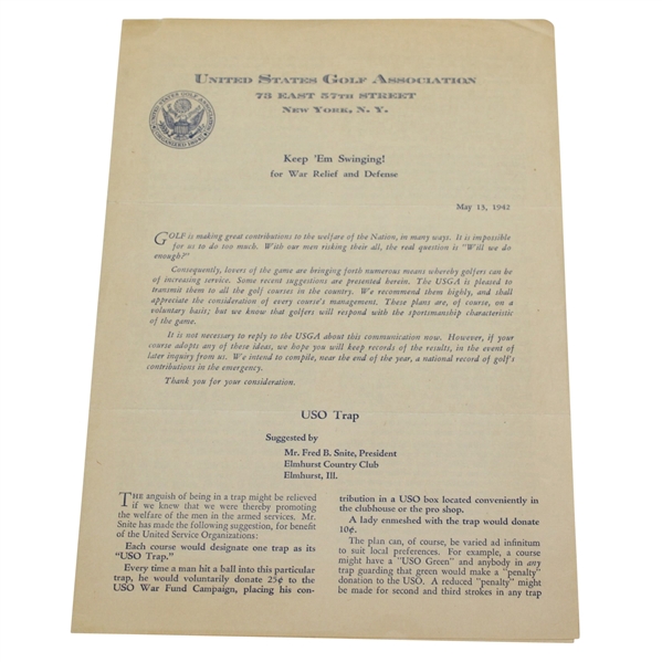 1942 USGA 'Keep 'Em Swinging! War Relief & Defense Support Letter - Seldom seen