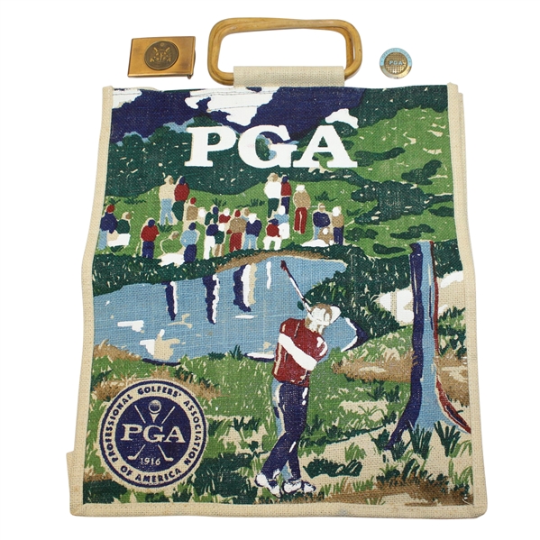 PGA Bag, Mrs. Bill Davis PGA Official Guest Badge, & Senior Open Belt Buckle