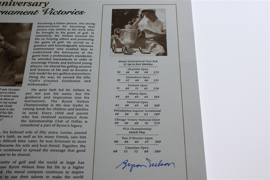 Byron Nelson Signed Ltd Ed '60th Anniversary of the Greatest Year in Golf' Art Piece #100 JSA ALOA