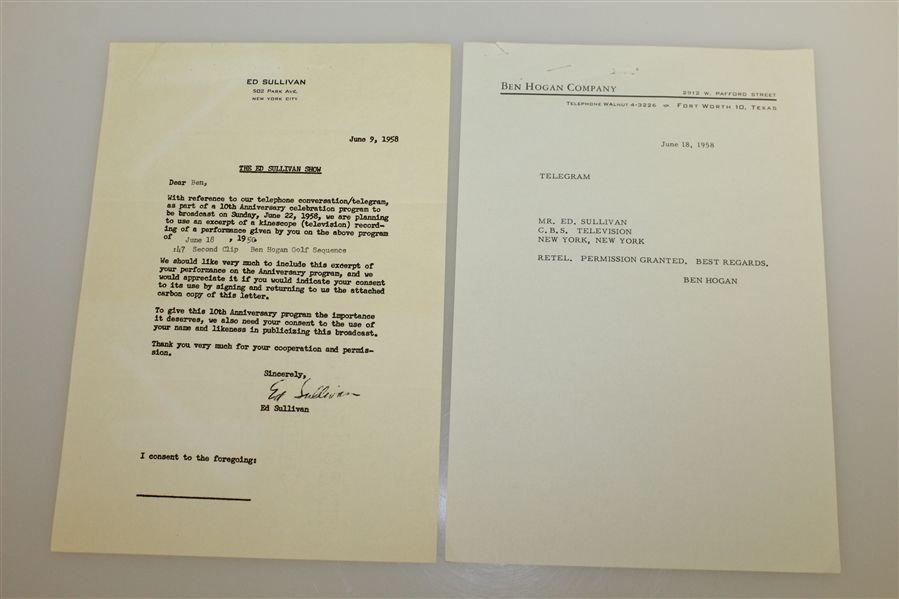 Ed Sullivan Letter to Ben Hogan and Western Union Telegram Correspondence
