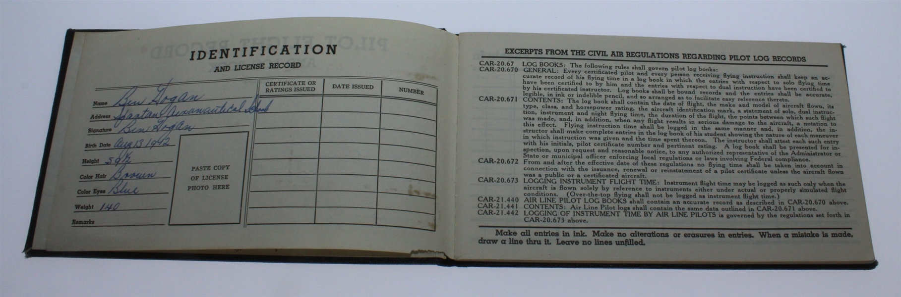 Ben Hogan's Personal Pilot Flight Record Book with His Photo and Signatures JSA ALOA