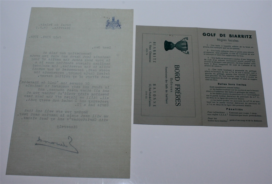 Edward Duke of Windsor Personal Low Round Scorecard & Signed Letter to Ben Hogan,  JSA ALOA