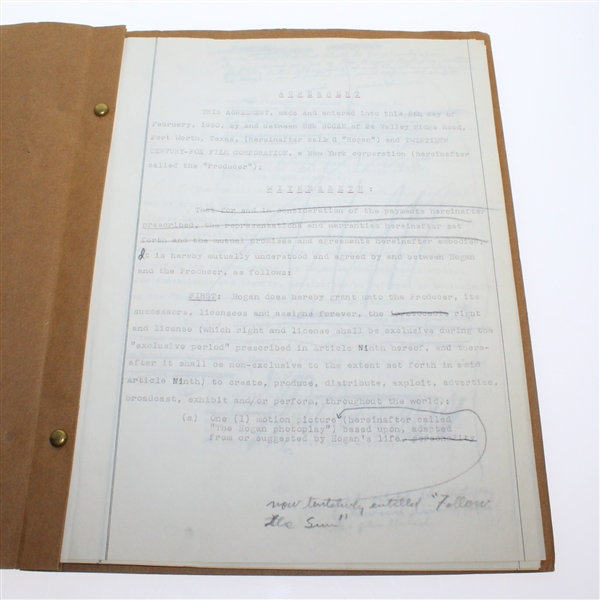 'Follow the Sun' Early Version Personal Ben Hogan Contracts/Release Forms For Movie & News Clips