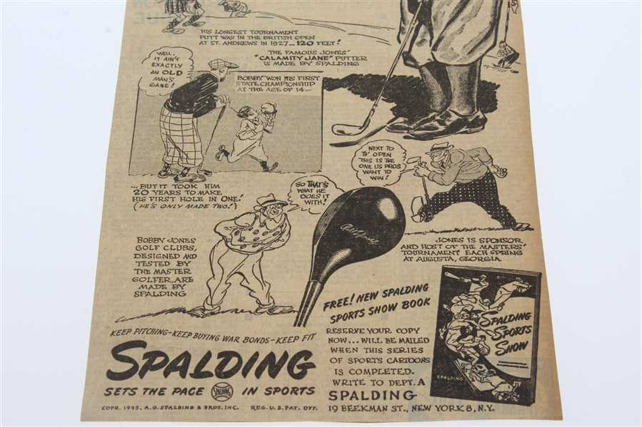 Bobby Jones 1945 'Spalding Sports Show' Golf Newspaper Advertisement Sketch