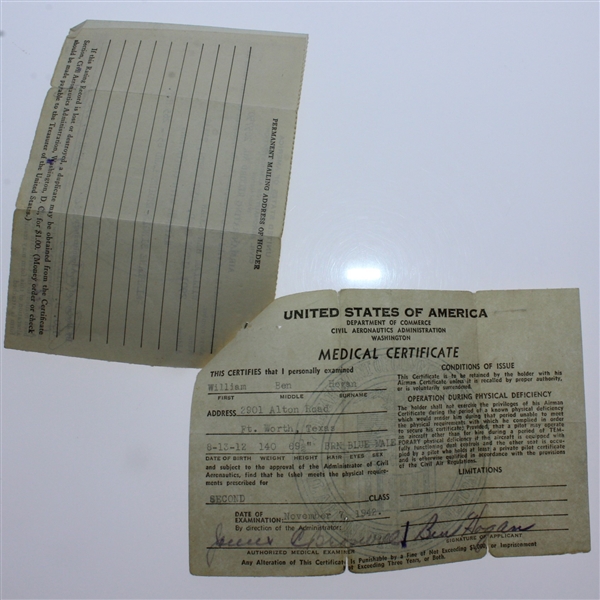 Ben Hogan Signed US Department of Commerce Airman Certificate March 22, 1943 JSA ALOA