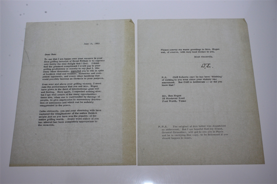 Pres. Eisenhower Letter & Clifford Roberts Note to Ben Hogan - Congrats on British Open Win JSA ALOA