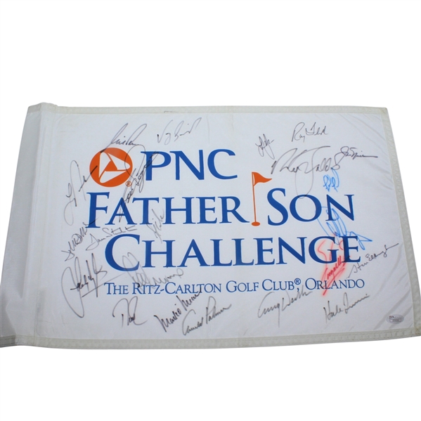 Multi Signed Undated PNC Father/Son Challenge Flag - Palmer, Nicklaus, Langer & More JSA #Z09262